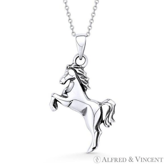 Rearing Mustang Stallion Horse 925 Sterling Silver Animal Charm Necklace Pendant - Picture 1 of 3